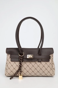 Kadın Monogram VizonKahve Deri Kemerli Charm Detaylı Kapaklı El Ve Omuz Çantası 16x30 Cm Pera